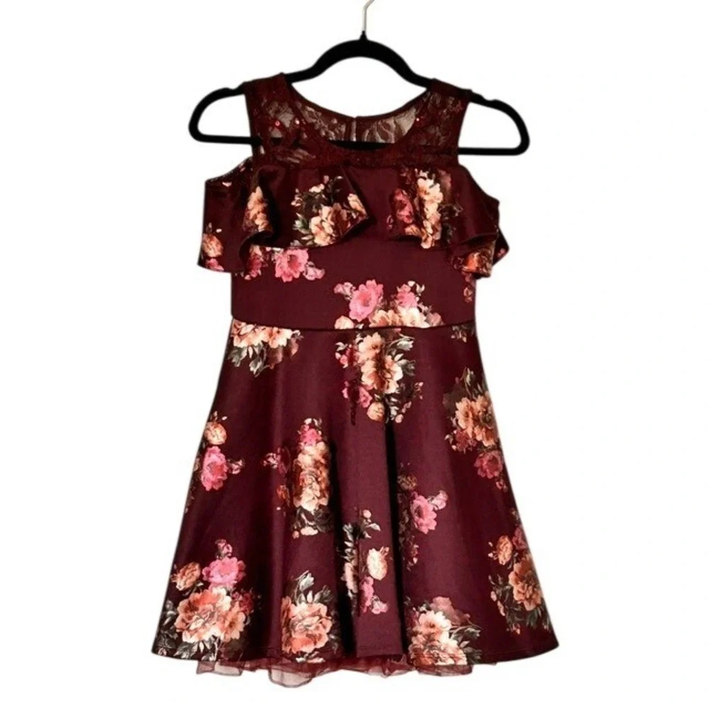 Girls 12 Burgundy Floral Dress Lace Ruffle Fancy Party Twirl Princess Fairytale - Picture 2 of 10